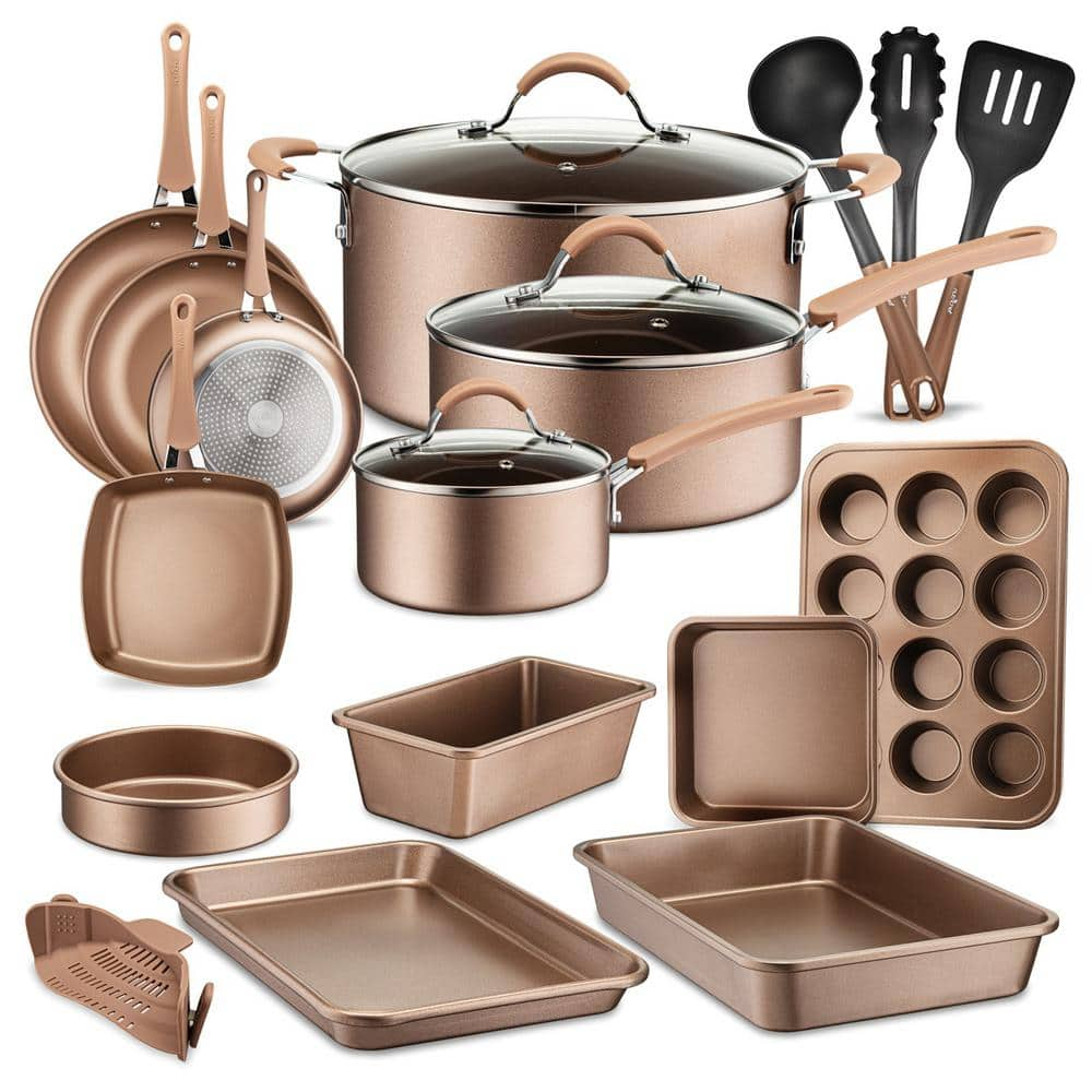 NutriChef 20 Piece Ceramic Nonstick Cookware Set in Bronze 2 x NCCW20S.5 -  The Home Depot