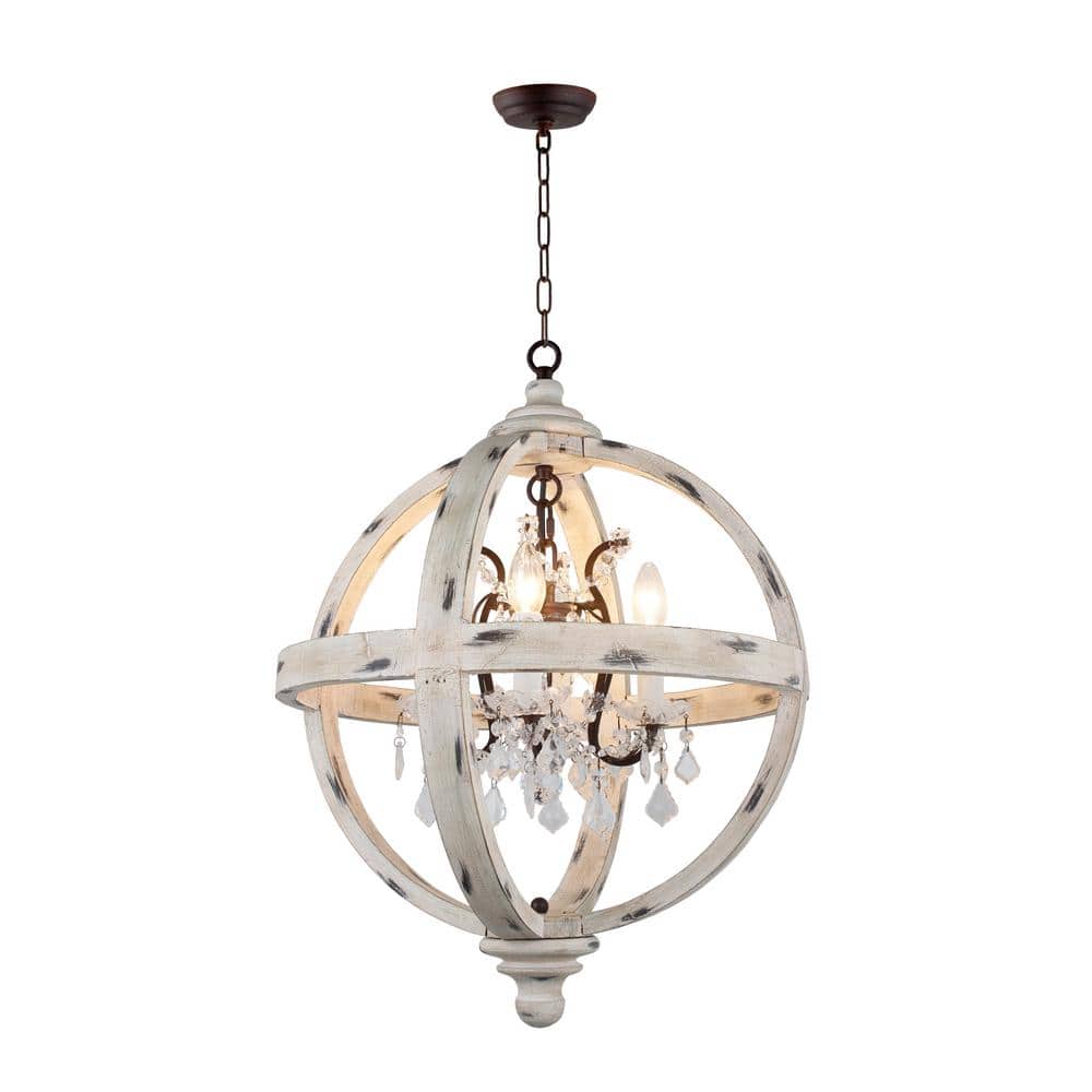 Y-Decor LZ13-4WH 4 Light Candle Style Globe Clear Glass Crystals in Withered White Wood Finish Chandelier WoodFinish
