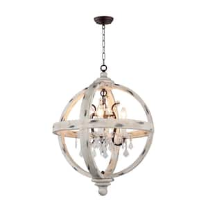 4-Light Withered White Wood Candle Style Globe Chandelier with Clear Glass Crystals
