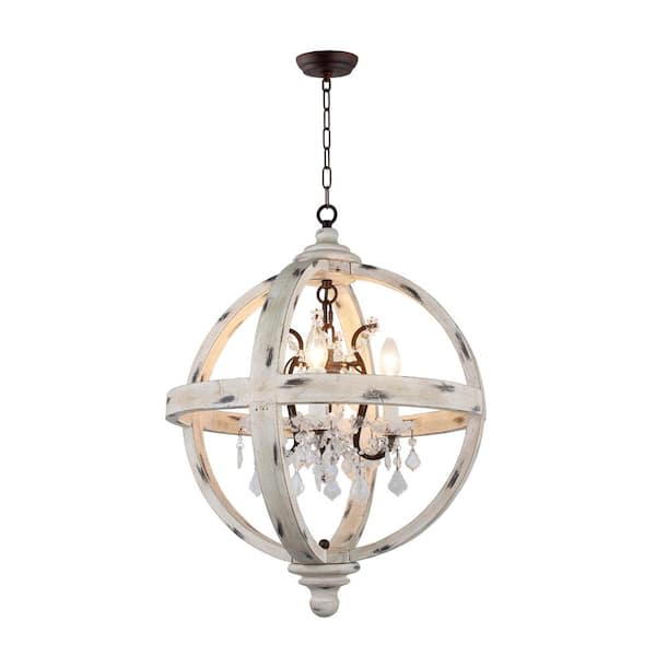 4 Light Withered White Wood Candle, Wood Crystal Sphere Chandelier