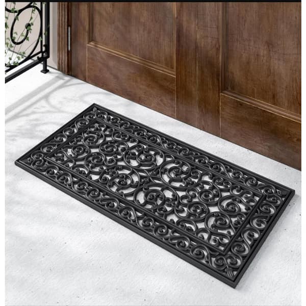 A1HC First Impression Audie Black 24 in. x 48 in. Rubber Non-Slip Double Border Outdoor Door Mat