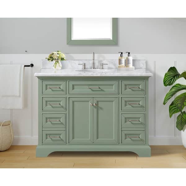 Home Decorators Collection Windlowe 49 in. W x 22 in. D x 35 in. H Bath Vanity in Green with Carrara Marble Vanity Top in White with White Sink