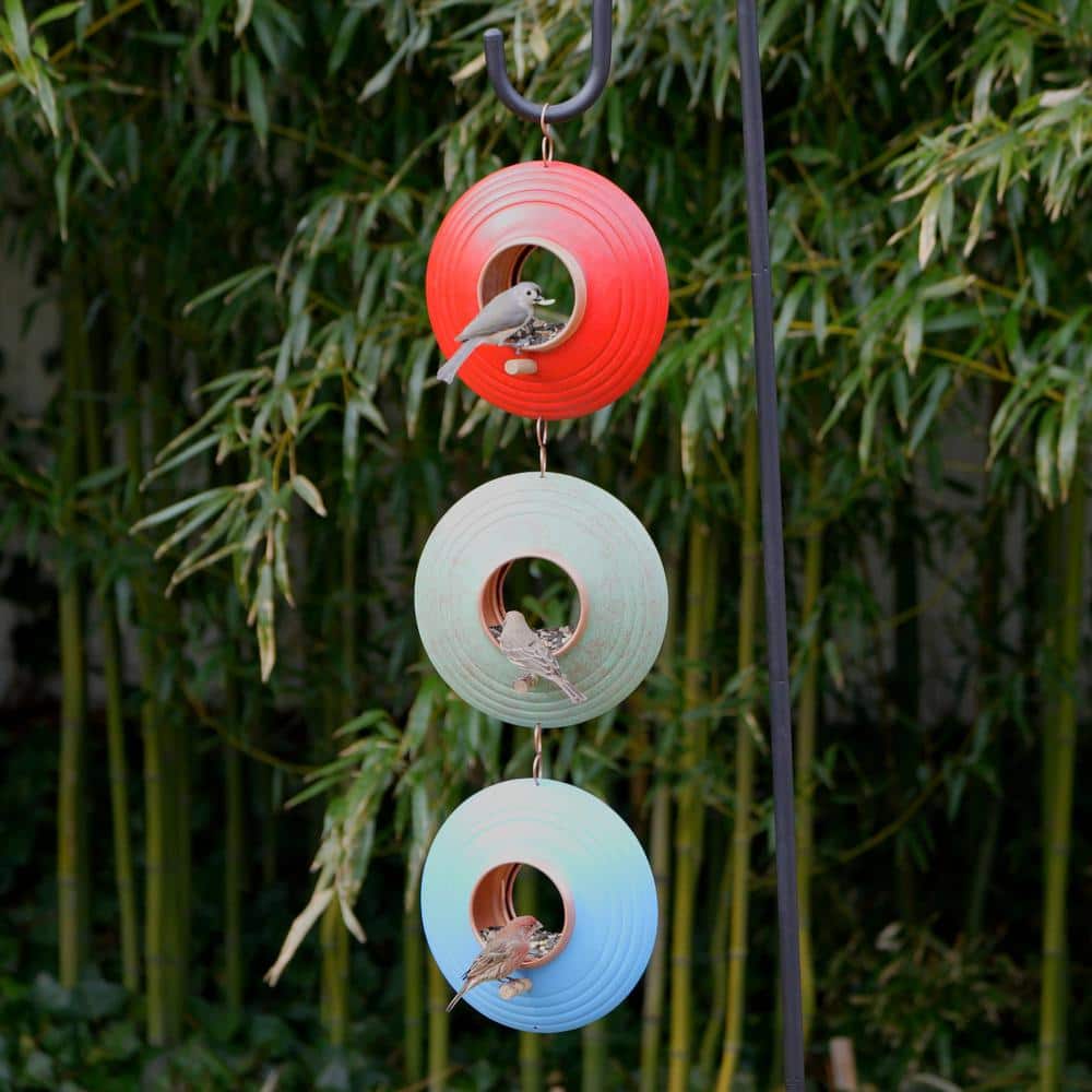 Triple Hanging Metal Platform Bird Feeder in Red, Green, Blue