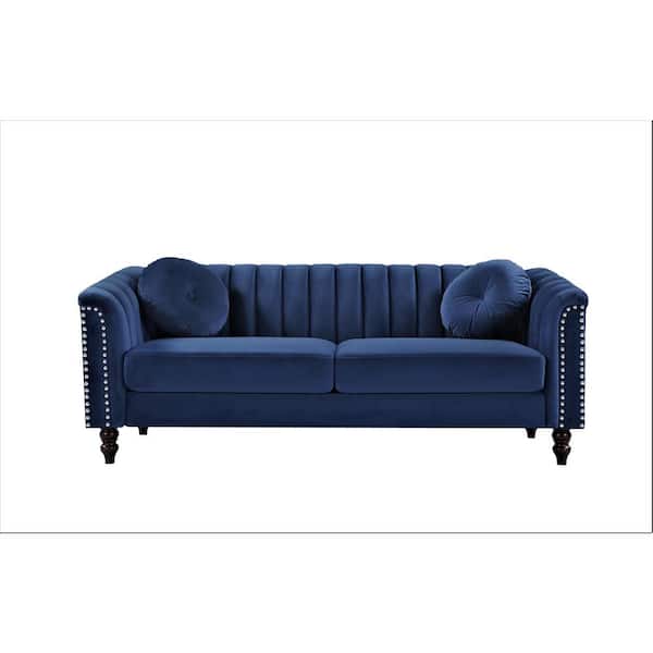 US Pride Furniture Hills 75.2 in. Rolled Arm Velvet Straight 3-Seater Sofa in Dark Blue
