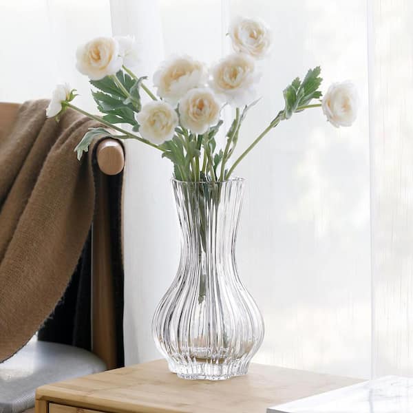 Large Clear Glass Vase for Flowers, Classic Hand Blown Glass Vase for Table, Elegant Ribbed Vase for Room LSZLM5D