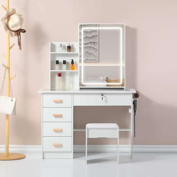 Unbranded MDF Plus glass White Makeup Vanity Set with Stool and Smart Mirror Dressing Table with Drawers and Storage Cabinet