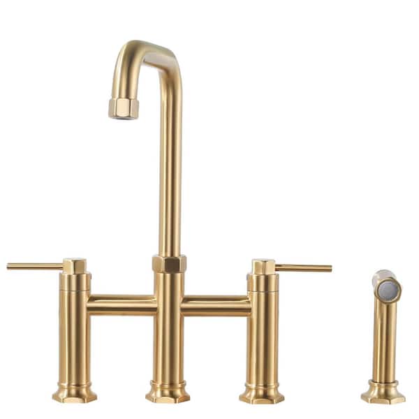 8 in. Double Handle Bridge Kitchen Faucet with Pull-Out Sprayer in Gold