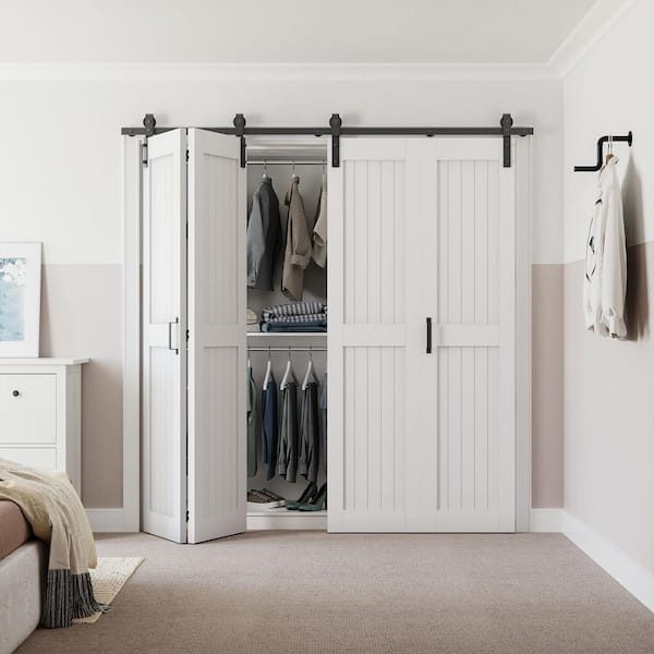 64 in. x 84 in. (Double 32 in.) Bi-Fold Paneled H shape Mid-Bar White Finished MDF Sliding Barn Door with Hardware Kit