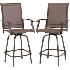 2-Pieces 360-Degree Rotation Metal Patio Swivel Outdoor Bar Stool Set in Brown