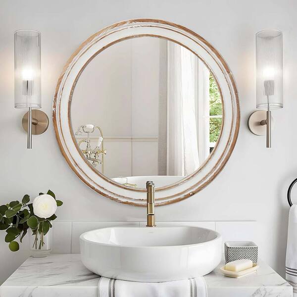 Antique Natural 24 in. W x 24 in. H Round Wooden Framed Decorative Mirror for Bedroom, Entryway, Living Room
