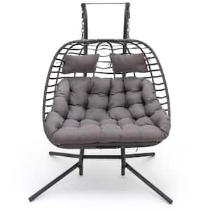 Large 2-Person 500 lbs. Gray Wicker Double Swing Egg Chair with Black Stand and Gray Cushions