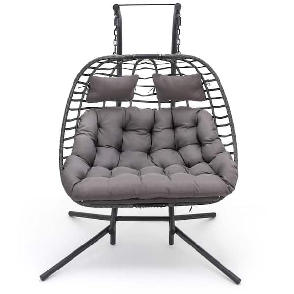Brafab Large 2-Person 500 lbs. Gray Wicker Double Swing Egg Chair with Black Stand and Gray Cushions