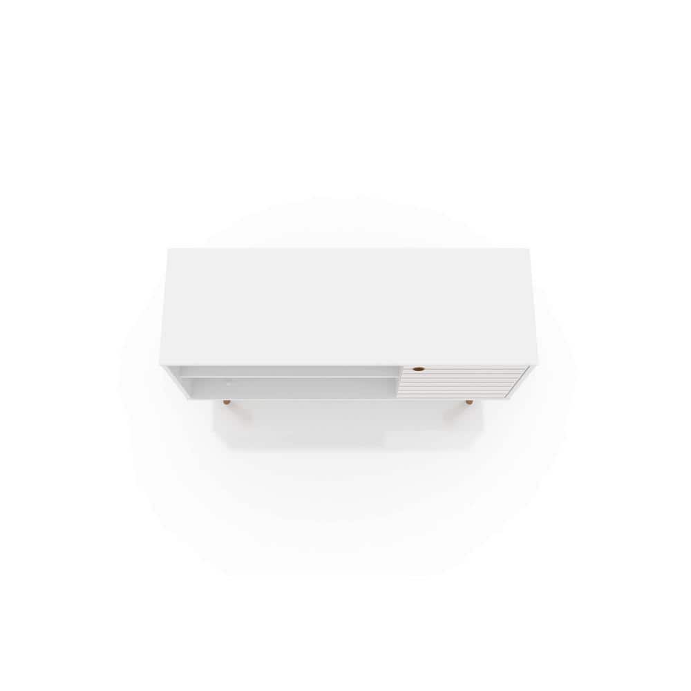 Sleek White Mid-Century Modern TV Stand with Cabinet and Shelves