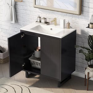 Black 29.5" W x 18.1" D x 35.1" H Bathroom Vanity with Single Sink Storage Cabinet Solid Wood Frame