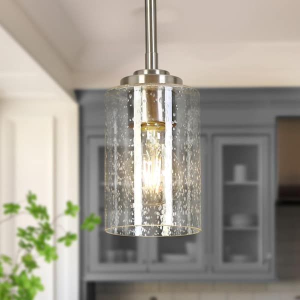 Modern 1-Light Silver Nickel Cylinder Mini Pendant Light with Clear Seeded Glass Shade for Dining Room, Kitchen, Bedroom