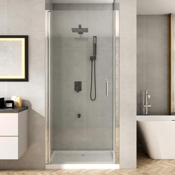 TOOLKISS 32 to 33-1/4 in. W x 72 in. H Pivot Swing Frameless Shower Door in Chrome with Clear Glass