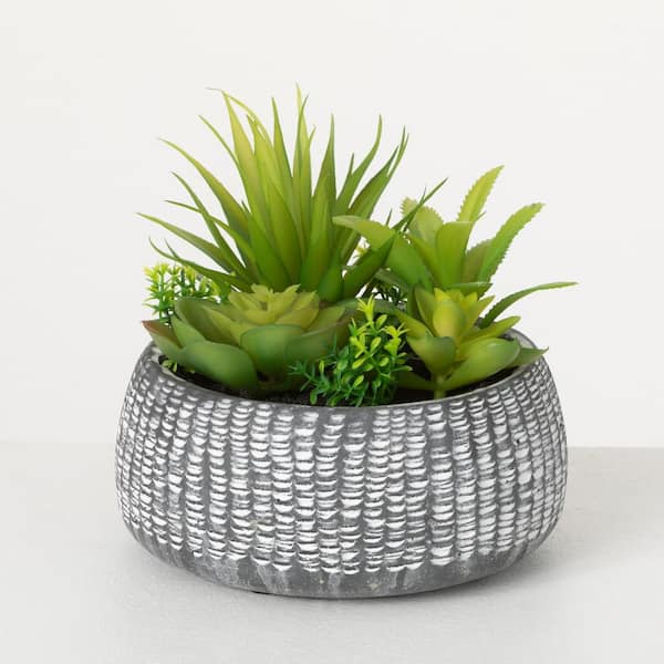 6" Artificial Green Succulent In Cement Planter