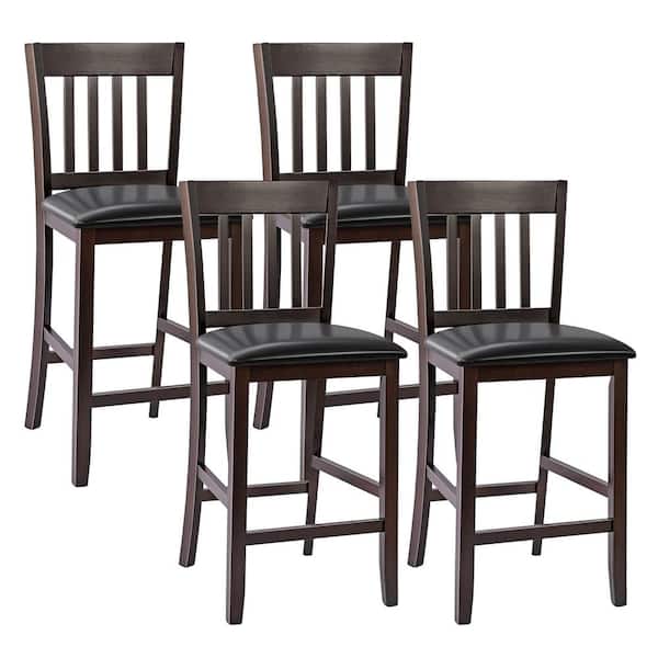 Costway 39 in. Brown Low Back Wood Bar Stools Counter Height Chairs with PU Leather Seat Black (Set of 4)