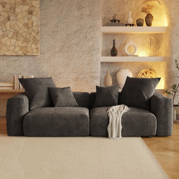 Modern 102 in. Square Arm Corduroy Modular Oversized Floor Sofa Couch with Washable Covers for Living Room in Black