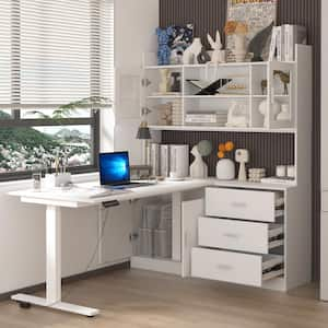 68.5 in. W L-shaped Adjustable Height Desk Ergonomic Stand Up Desk White Home Office With Bookcase, Adjustable Shelves