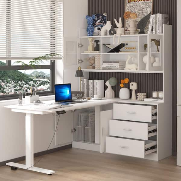 68.5 in. W L-shaped Adjustable Height Desk Ergonomic Stand Up Desk White Home Office With Bookcase, Adjustable Shelves