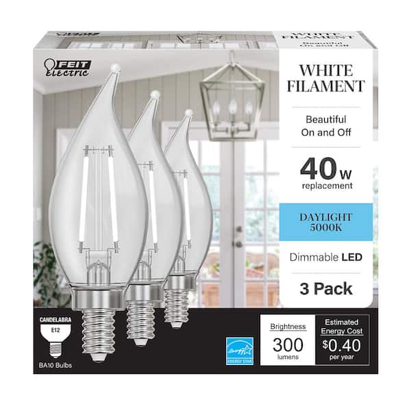 Feit Electric 40-Watt Equivalent BA10 E12 Candelabra Dim White Filament Clear Glass Chandelier LED Light Bulb Daylight 5000K (3-Pack)