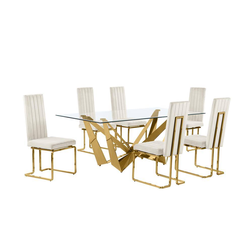 Best Quality Furniture Rae 7Piece Rectangular Glass Top Gold Stainless