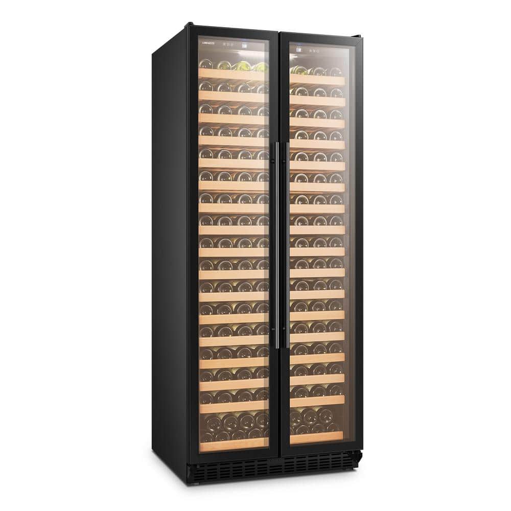 Black Freestanding Dual Door Wine Cooler with Wooden Shelves