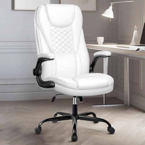 Leather Cushioned Ergonomic Chair in White with Adjustable Armrests and Backrest, SGS-certified Gas Lift