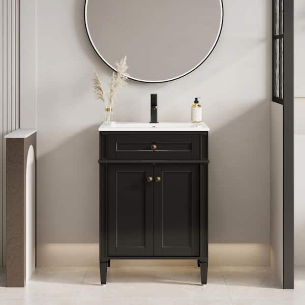 24 in. W x 18 in. D x 34 in. H 1-Sink Freestanding Bath Vanity in Black With White Ceramic Top and Drain Faucet Set