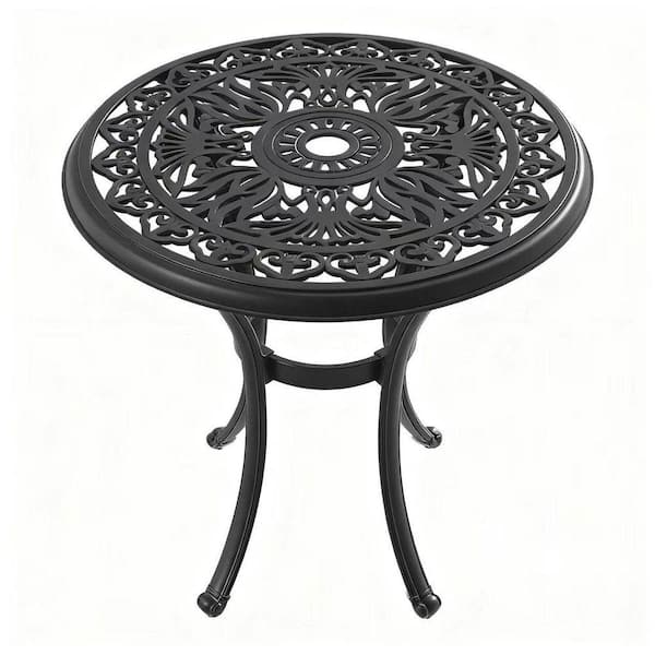 Black Round Cast Aluminum Outdoor Dining Table-Umbrella Hole Patio