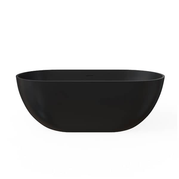 59.1 in. x 29.5 in. Deep Soak Solid Surface Freestanding Soaking Bathtub with Slip-Resistant Bottom in Matte Black