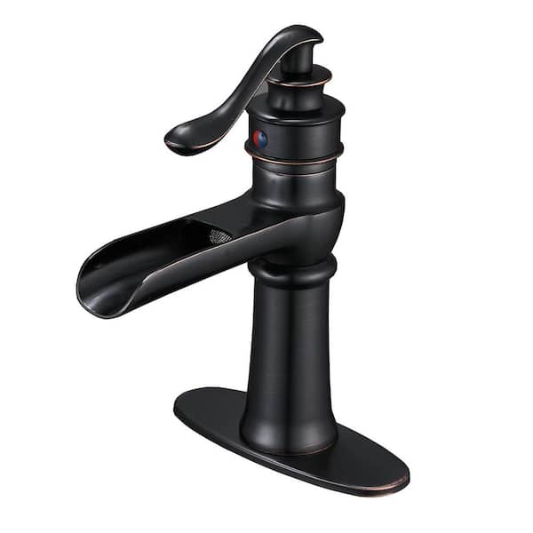 FORCLOVER Single Handle Single Hole Waterfall Low-Arc Bathroom Faucet with Supply Line in Oil Rubbed Bronze