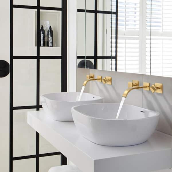 Double Handle 3 Holes Wall Mounted Brass Waterfall Bathroom Sink Faucet and Rough-in Valve Included in Bruhsed Gold