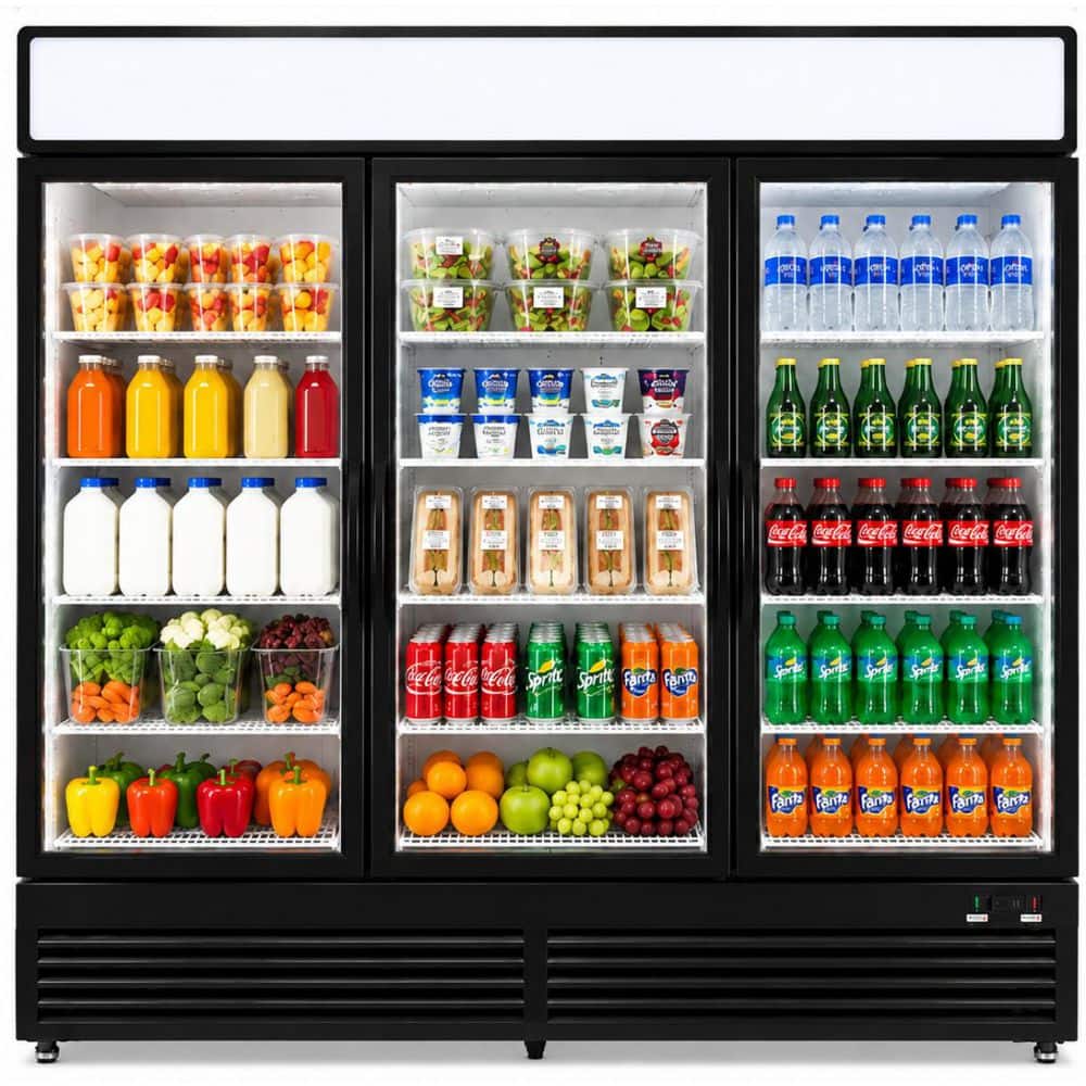 74 in. W 52 cu. ft. Commercial Refrigerator Merchandiser with 3-Glass Doors in Black Coated Steel