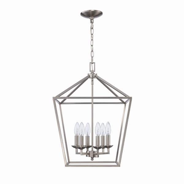 Home Decorators Collection Weyburn 6-Light Brushed Nickel Farmhouse Chandelier Light Fixture with Caged Metal Shade