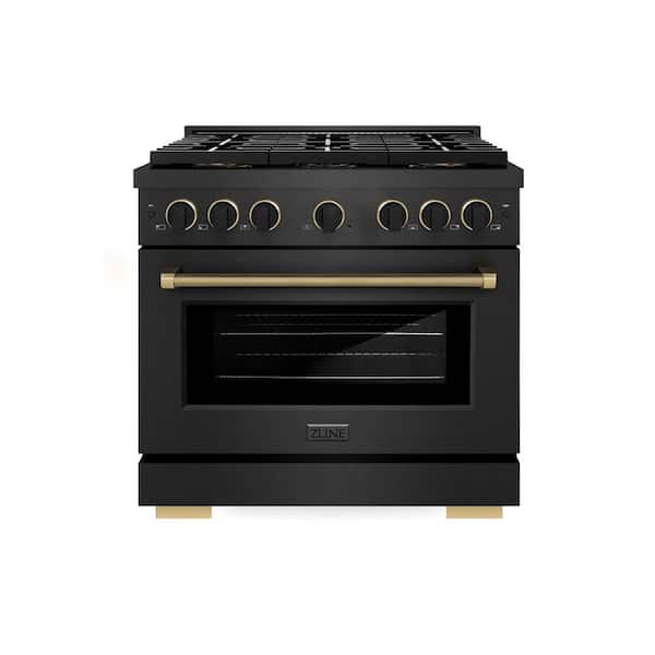 Designer 36 in. 5.2 cu. ft. Dual Fuel Range with 6 Burner DuoPro Cooktop in Black Satin with Black and Champagne Accents