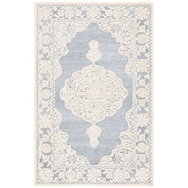 Micro-Loop 5 ft. x 8 ft. Light Blue/Ivory Border Ornate Area Rug