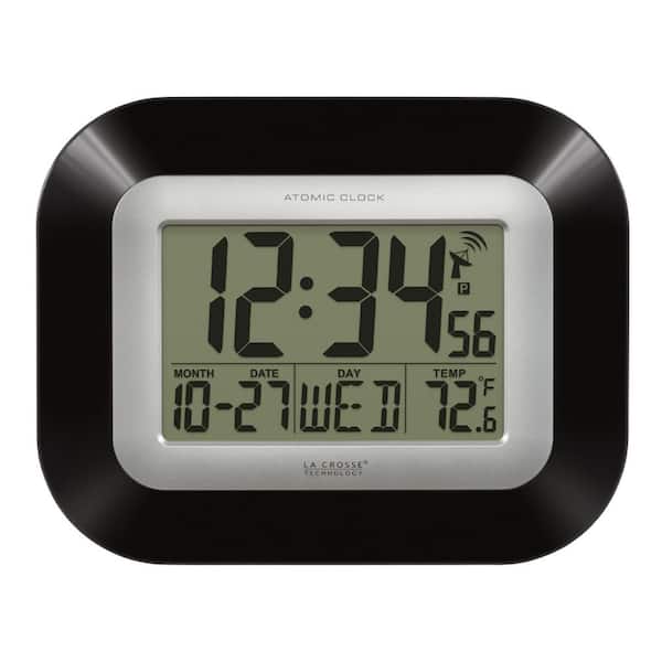 7 in. H Digital Atomic Black Wall Clock with Indoor Temperature
