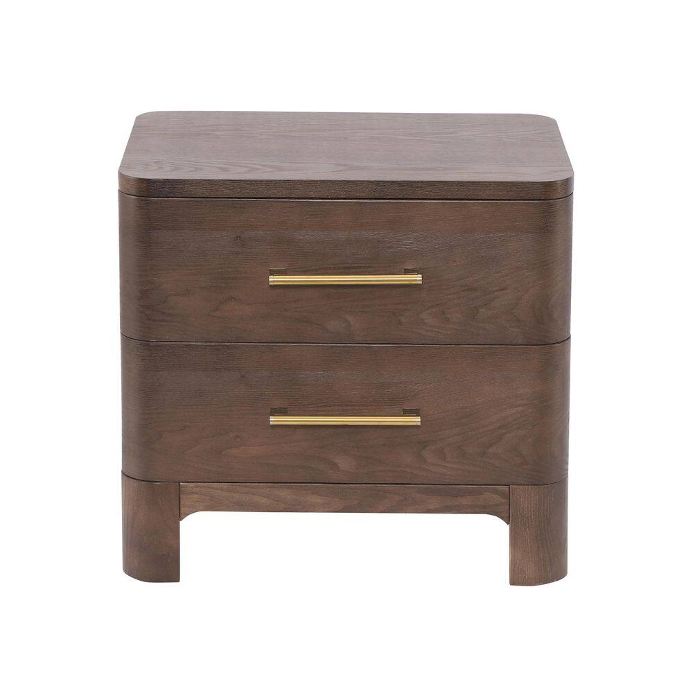 Faye Modern Brown 2-Drawer 23.62 in. W Nightstand with Brushed Gold Handles, Rounded Corners - thumbnail 3