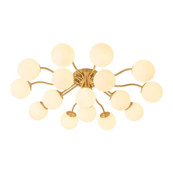 51.18 in. 16-Light Brass Industrial Semi-Flush Mount Light Fixture Globe Ceiling Light Mid Century Sputnik Chandelier