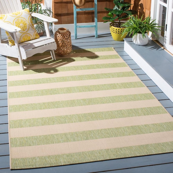 Courtyard Beige/Sage Green Doormat 2 ft. x 4 ft. Awning Stripe Indoor/Outdoor Area Rug