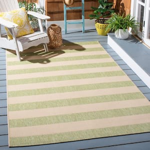 Courtyard Beige/Sage Green 7 ft. x 7 ft. Awning Stripe Indoor/Outdoor Square Area Rug