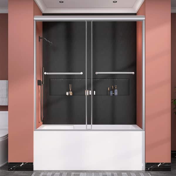 NTQ 60 in. W x 62 in. H Sliding Tub Door Semi-Frameless Glass Tub Shower Door in Brushed Nickel with 5/16 in. Clear Glass