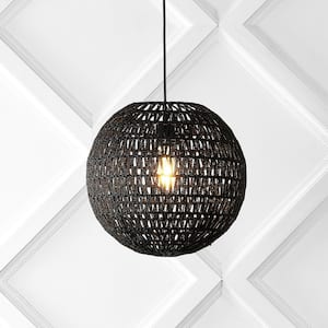 Luna 15.75 in. 1-Light Black Bohemian Modern Woven Rattan/Iron LED Pendant