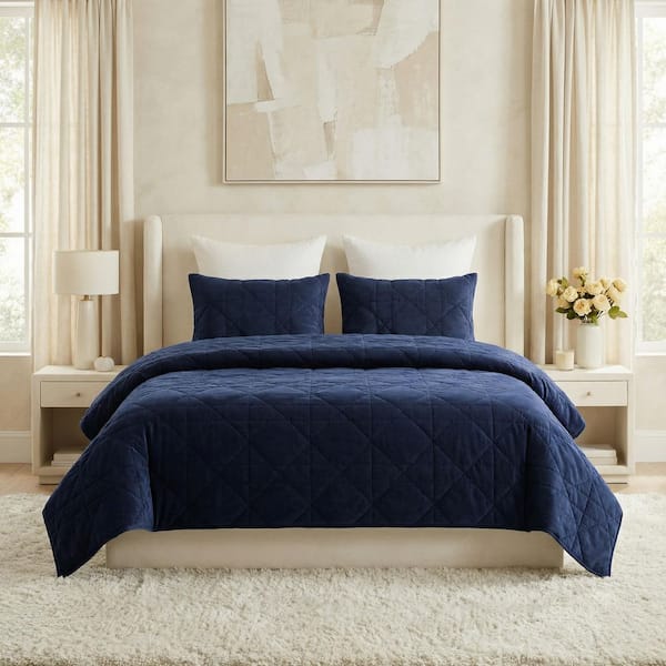 3PC Velvet King Quilt Set with Shams, Medium Weight Bed Set for All Seasons, Ultra Soft Luxury Cotton Velvet Quilt, Navy