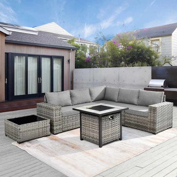 XIZZI Moonriver 7-Piece Wicker Outdoor Patio Fire Pit Conversation Sectional Sofa Set with Dark Gray Cushions