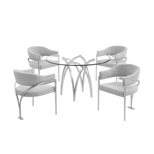 Best Quality Furniture Bayton 5-Piece Clear Tempered Glass Top Brushed Matte Chrome-Plated Base Dining Set With 4-Rich Grey Color Chairs