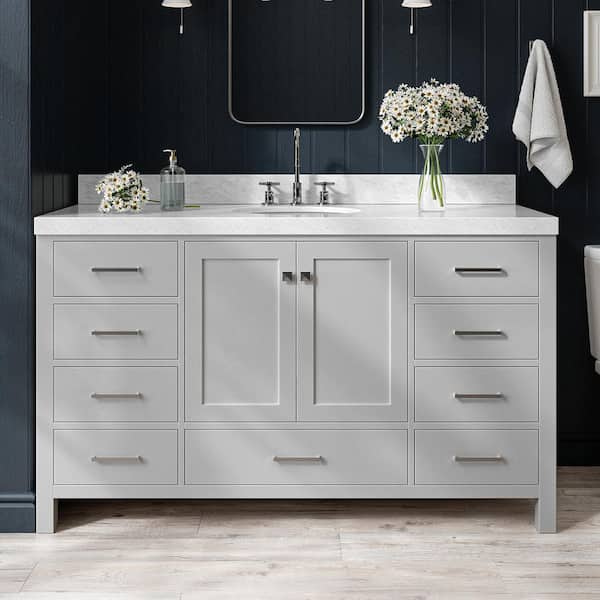 ARIEL Cambridge 60 in. W x 22 in. D x 36.5 in. H Single Sink Freestanding Bath Vanity in Grey with Carrara Marble Top