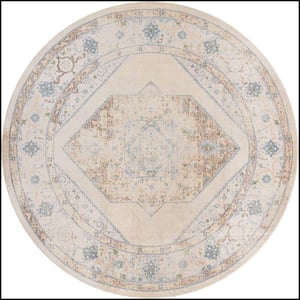 Astra Machine Washable Ivory Blue 8 ft. x 8 ft. Center medallion Traditional Round Area Rug